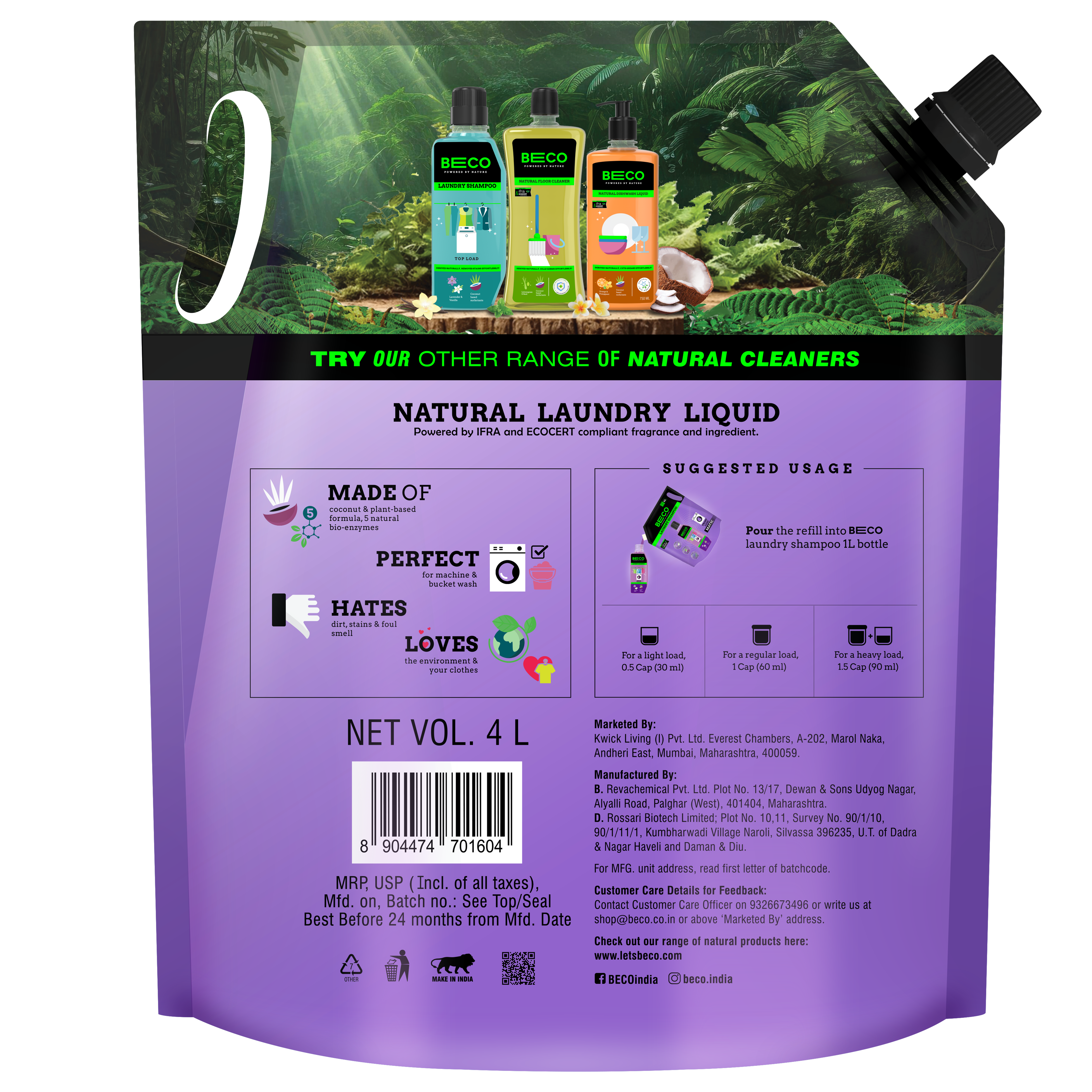 Natural Laundry Cleaner Liquid Shampoo Front Load 4 L Refill