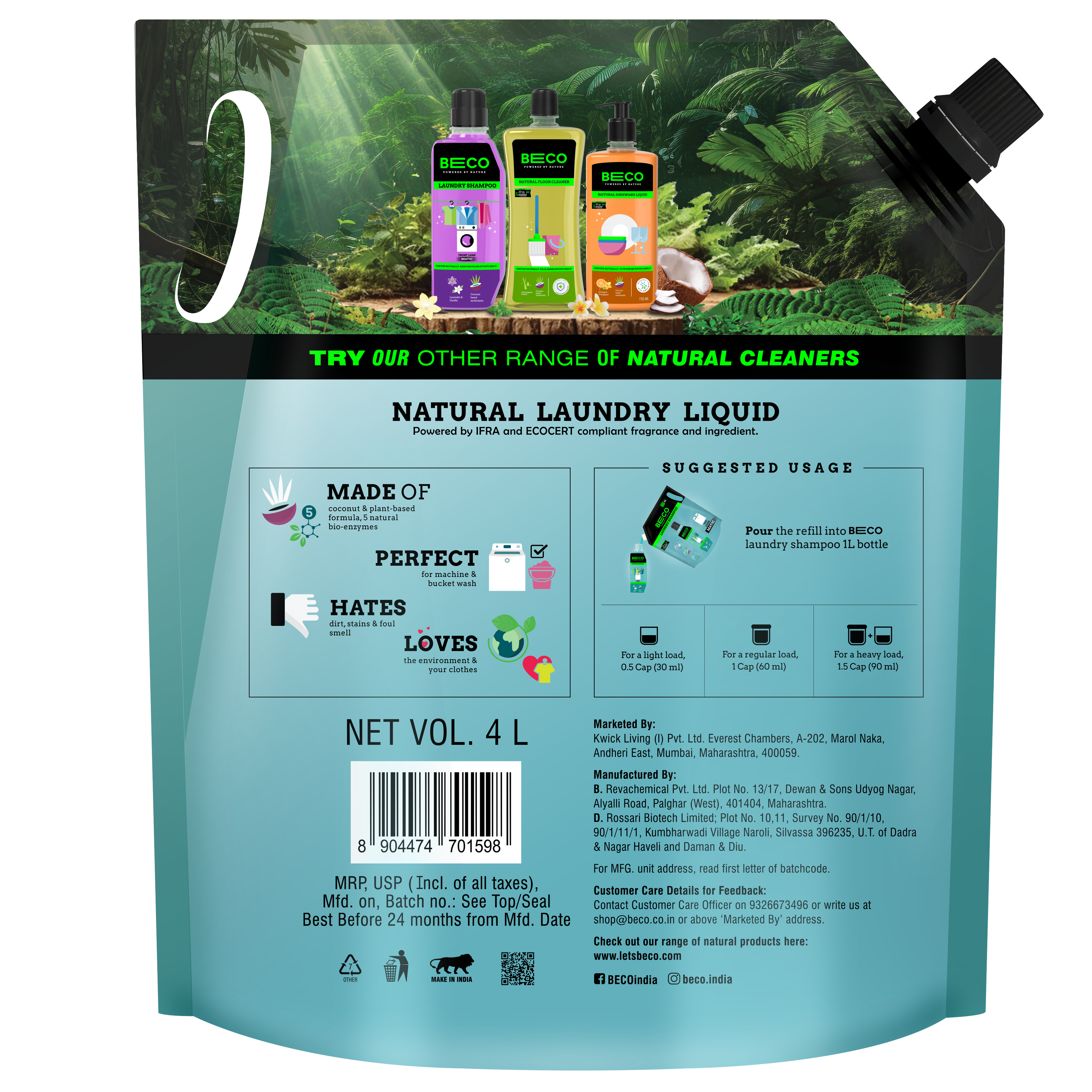Beco Laundry Cleaner Liquid Shampoo Top Load 4 Ltr Refill