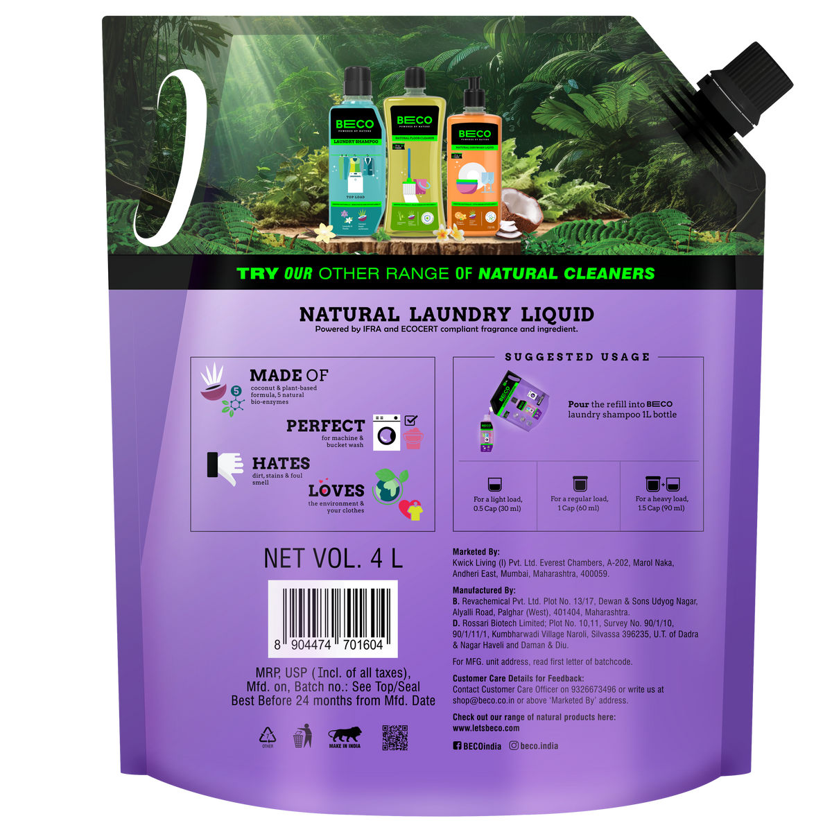Beco Laundry Cleaner Liquid Shampoo Front Load 4 Ltr Refill