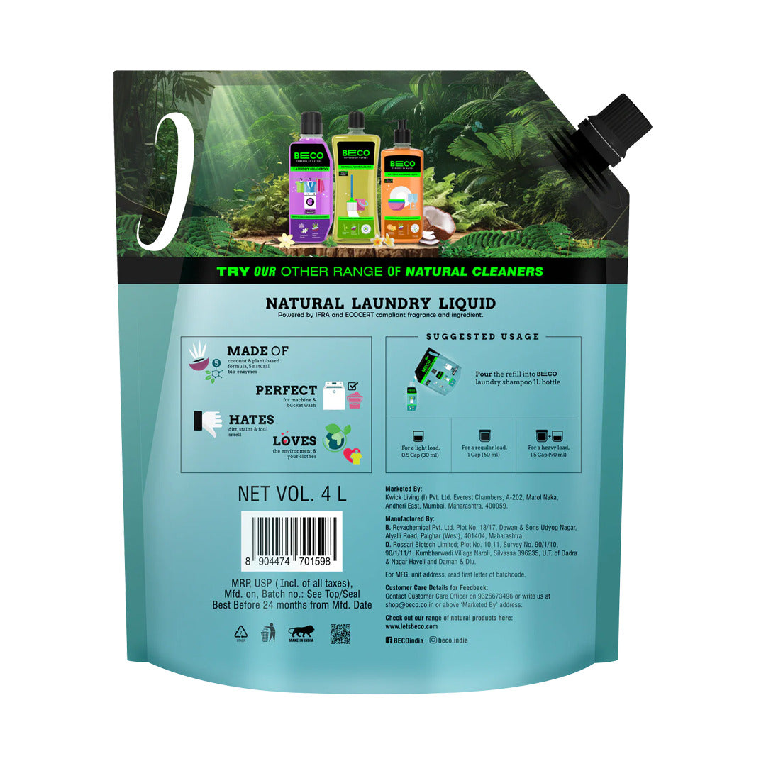 Beco Laundry Cleaner Liquid Shampoo Top Load 4 Ltr Refill