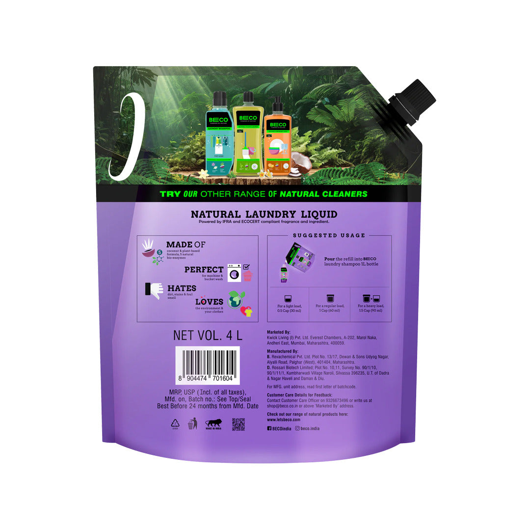 Beco Laundry Cleaner Liquid Shampoo Front Load 4 Ltr Refill