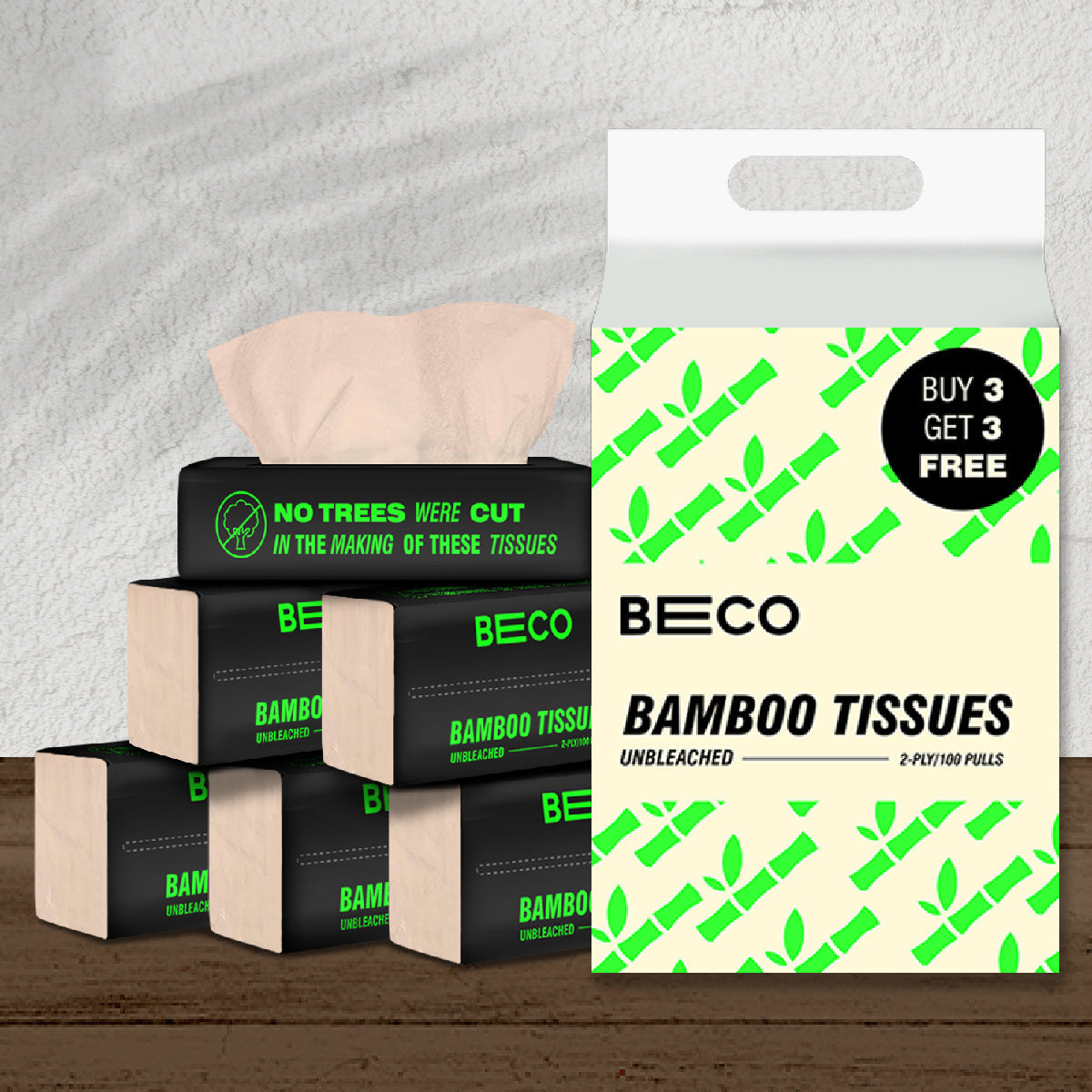 Bamboo Facial Tissues, Soft and Absorbent, Pack of 6, 100 pulls by Beco